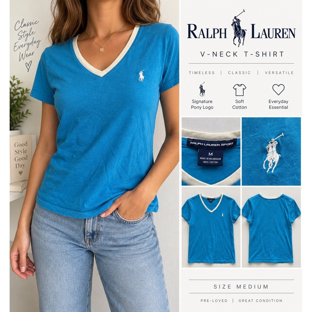 Ralph Lauren Sport Womens V-Neck T-Shirt Blue White Pony Logo Cotton Size M